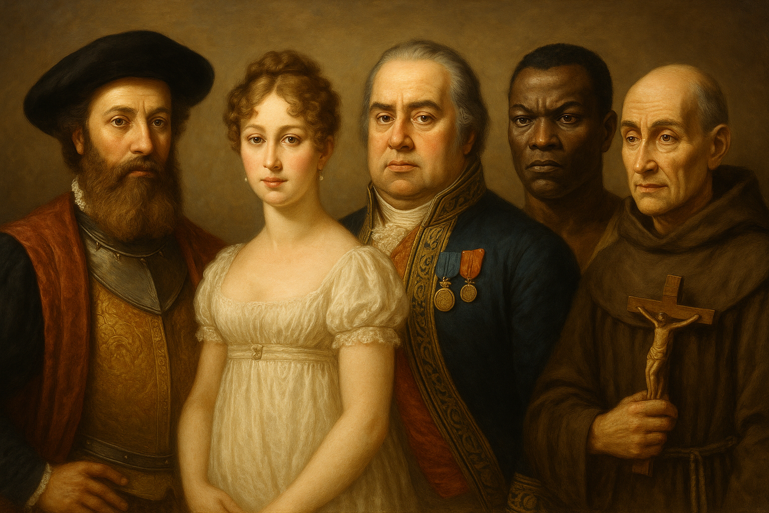 Personalidades históricas brasileiras: Pedro Álvares Cabral, Princesa Leopoldina, D. João VI, Zumbi dos Palmares, e Padre José de Anchieta